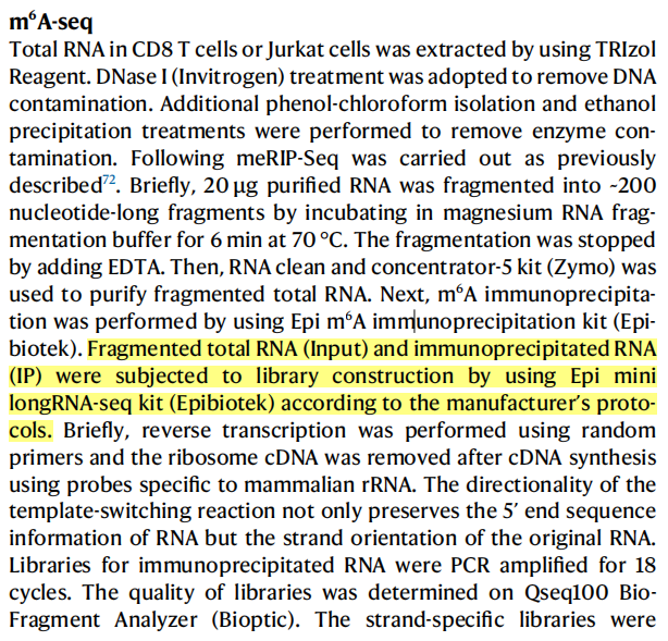 图2. 研究在m6A免疫沉淀后,使用Epi™ mini longRNA-seq Kit对IP下来的RNA片段和input进行文库制备,并进行meRIP-seq