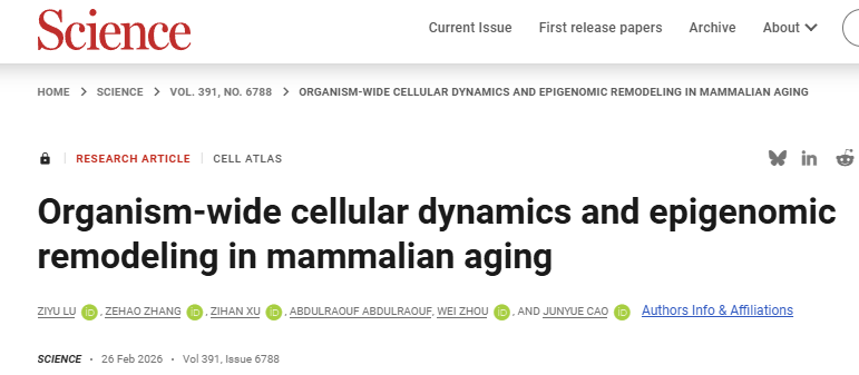 时隔一年曹俊越团队再发Science，解析器官衰老的表观机制图